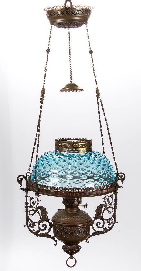 VICTORIAN HOBNAIL / DEW DROP BRASS HANGING LIBRARY LAMP (1 of 3)