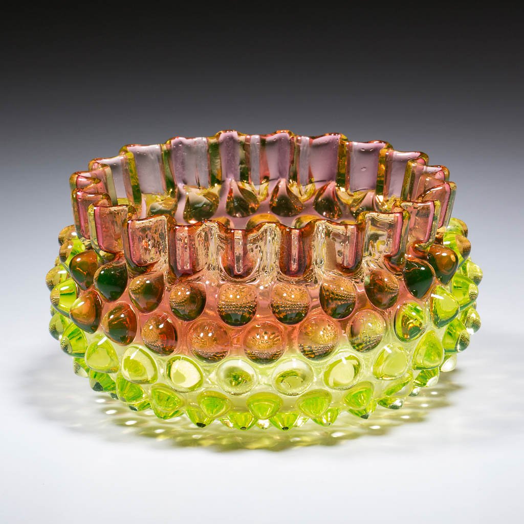 HOBBS NO. 323 DEW DROP / HOBNAIL FINGER BOWL: HOBBS NO. 323 DEW DROP / HOBNAIL FINGER BOWL, rubina verde (black lighted), polished pontil mark. Hobbs, Brockunier & Co. Pattern introduced in 1886. 2 5/8" H, 4 1/2" D rim. Excellent condition overal