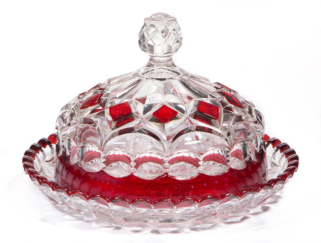 LOOP AND BLOCK - RUBY-STAINED COVERED BUTTER DISH (1 of 1)
