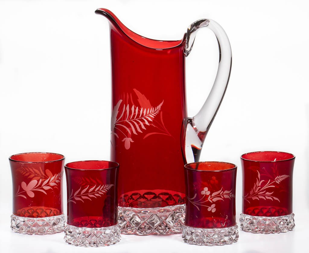 PAVONIA - RUBY-STAINED FIVE-PIECE WATER SET (1 of 1)