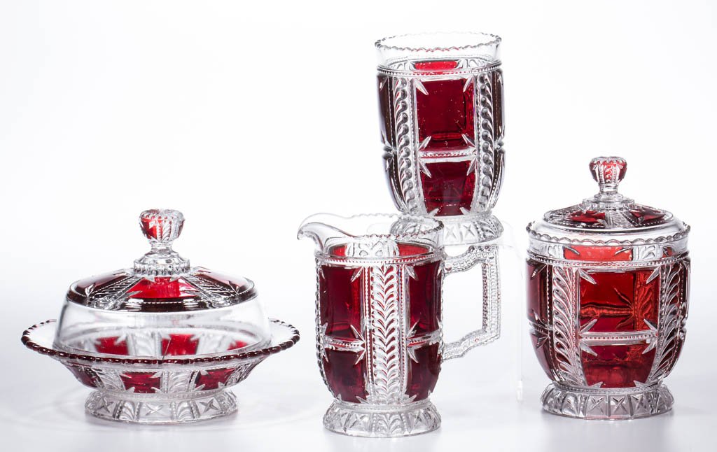 PLUME AND BLOCK - RUBY-STAINED FOUR-PIECE TABLE SET (1 of 1)