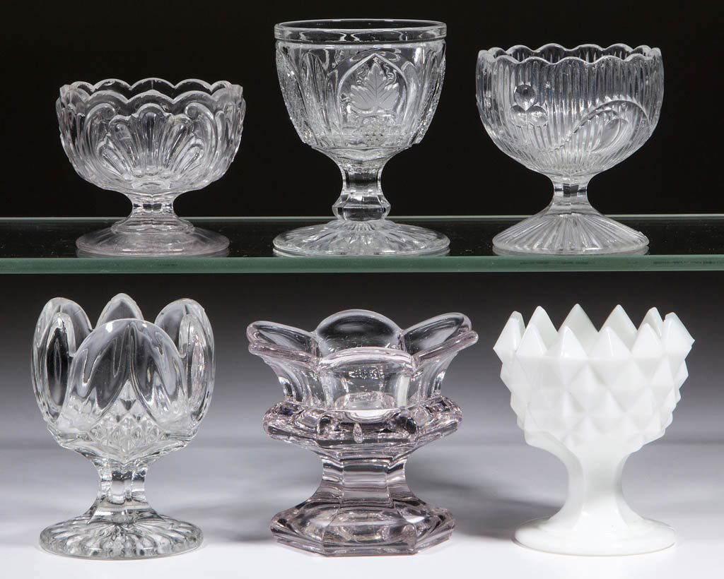 ASSORTED PATTERN FOOTED OPEN SALTS, LOT OF SIX (1 of 1)