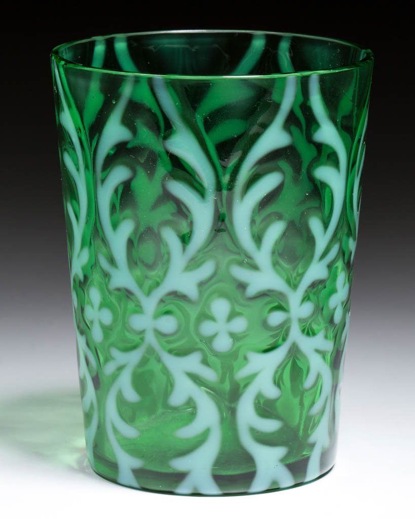 OPALINE BROCADE / SPANISH LACE TUMBLER: OPALINE BROCADE / SPANISH LACE TUMBLER, green opalescent, tapered form, factory polished rim. Northwood Glass Co. Pattern introduced 1899. 3 3/4" H.Undamaged.Literature: Parallels Heacock/Elmore - Opa