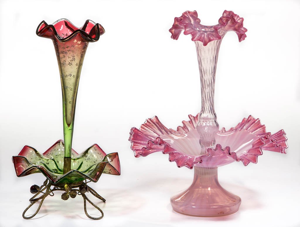 ASSORTED VICTORIAN GLASS EPERGNES, LOT OF TWO: ASSORTED VICTORIAN GLASS EPERGNES, LOT OF TWO, each with single vase, comprising a shaded rose opalescent example with narrow stripe bowl and rough pontil mark, and a ruby shaded to green example with