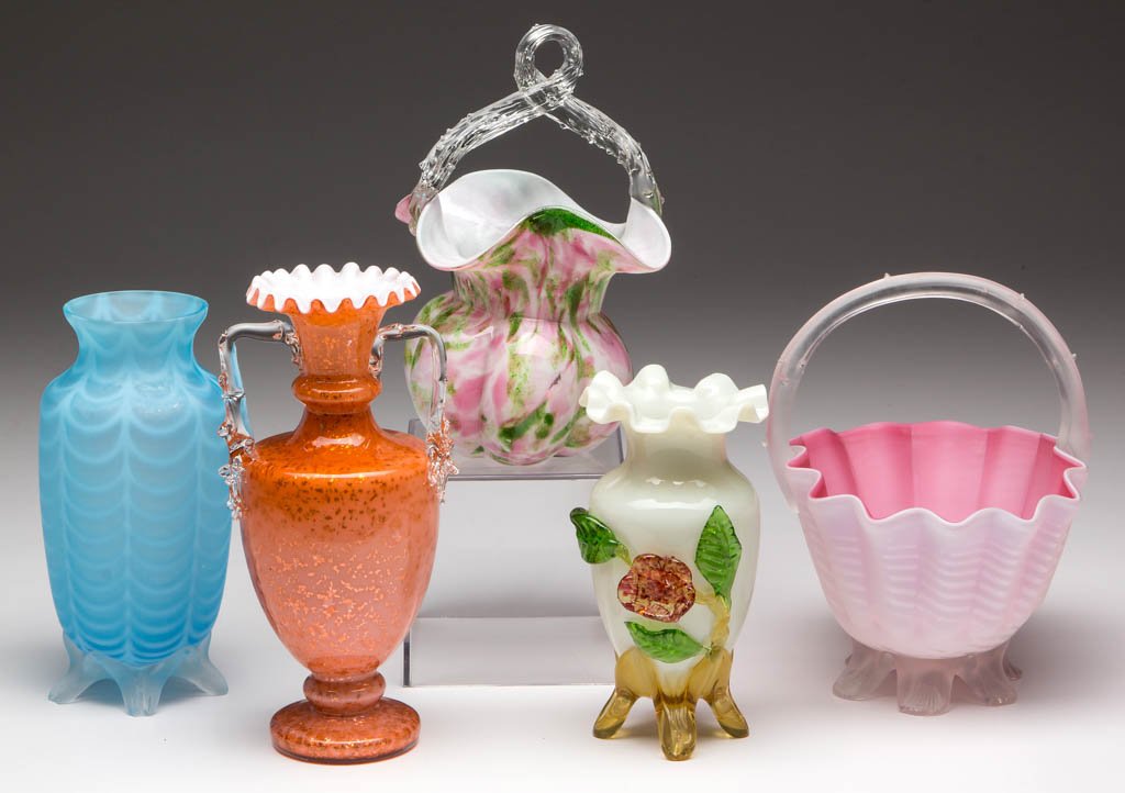 ASSORTED VICTORIAN GLASS ARTICLES, LOT OF FIVE: ASSORTED VICTORIAN GLASS ARTICLES, LOT OF FIVE, comprising a white cased orange urn-form vase with mica flecks, a custard vase with applied polychrome decoration and feet, a blue opalescent Phoenix Dr