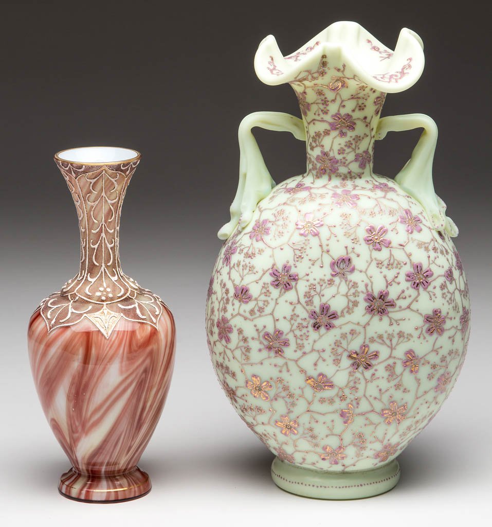 ASSORTED EUROPEAN ART GLASS ENAMEL DECORATED VASES, LOT (1 of 1)