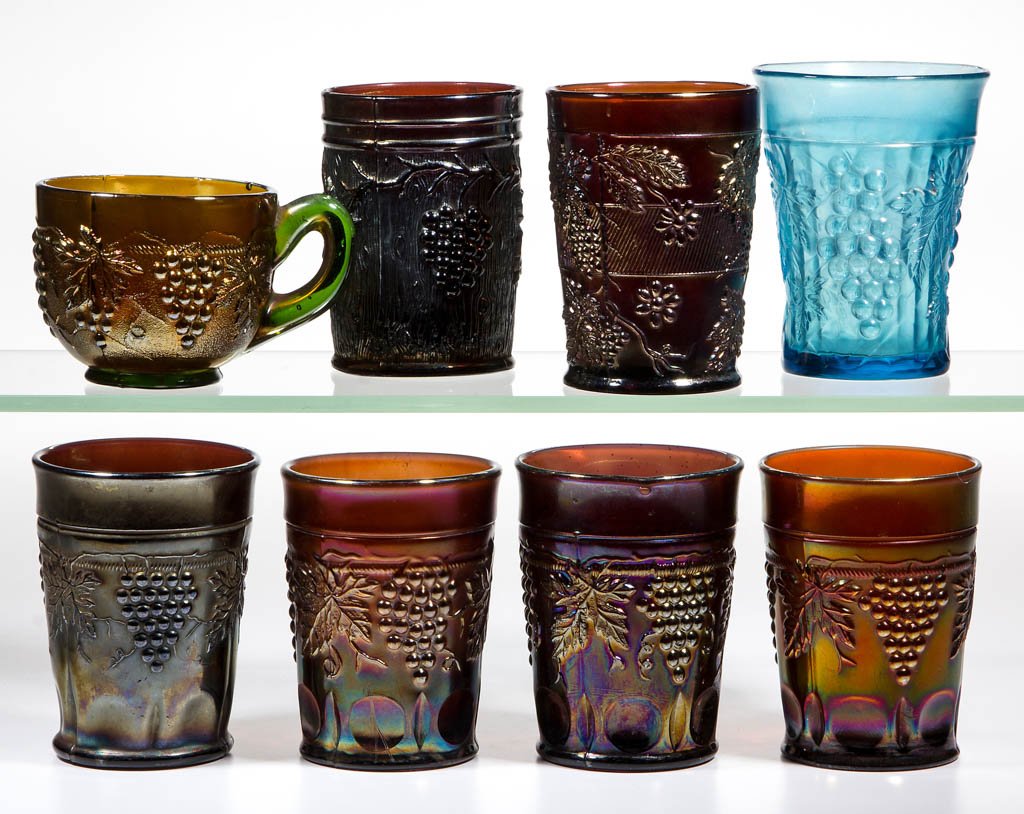 ASSORTED CARNIVAL GLASS DRINKING ARTICLES, LOT OF EIGHT (1 of 1)