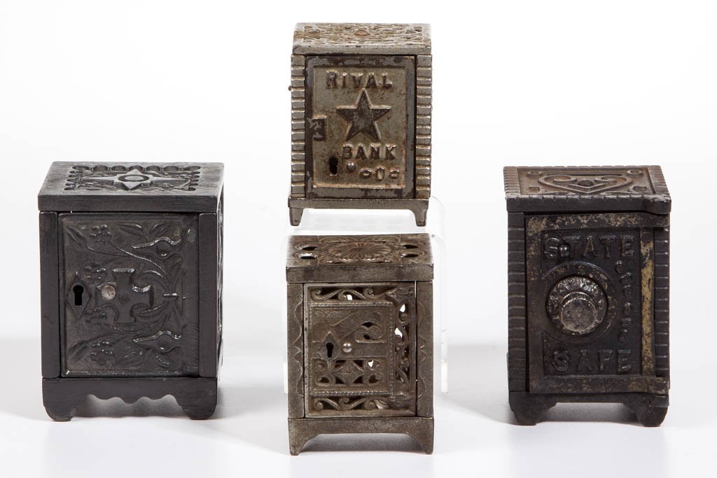 ASSORTED SAFE CAST-IRON PENNY BANKS, LOT OF FOUR (1 of 1)