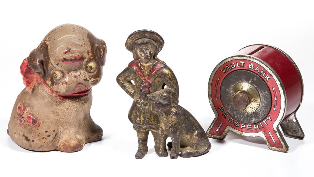 ASSORTED FIGURAL METAL PENNY BANKS, LOT OF THREE (1 of 1)