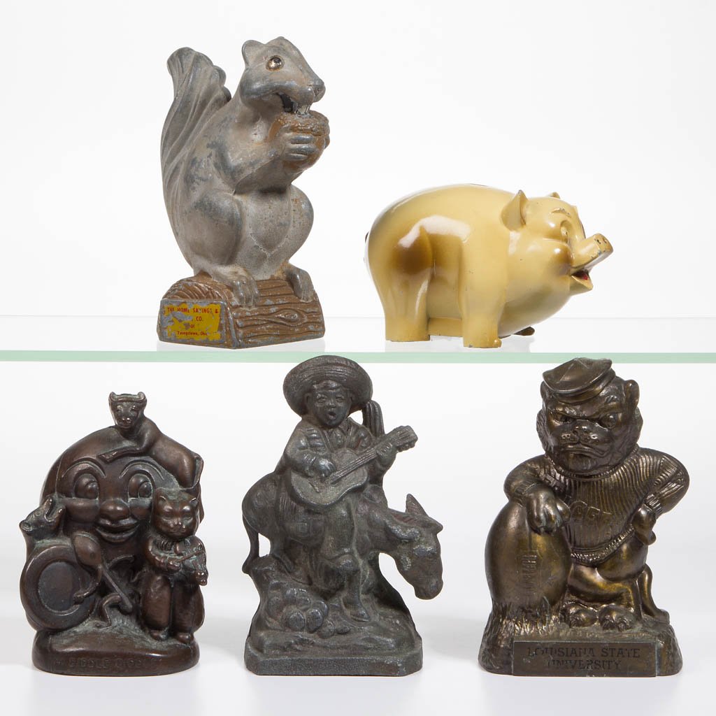 ASSORTED WHITE METAL PENNY BANKS, LOT OF FIVE (1 of 1)