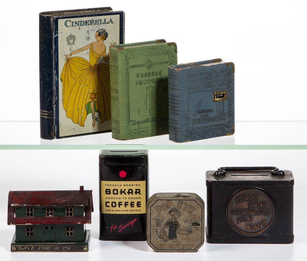 ASSORTED METAL ADVERTISING BANKS, LOT OF SEVEN (1 of 1)