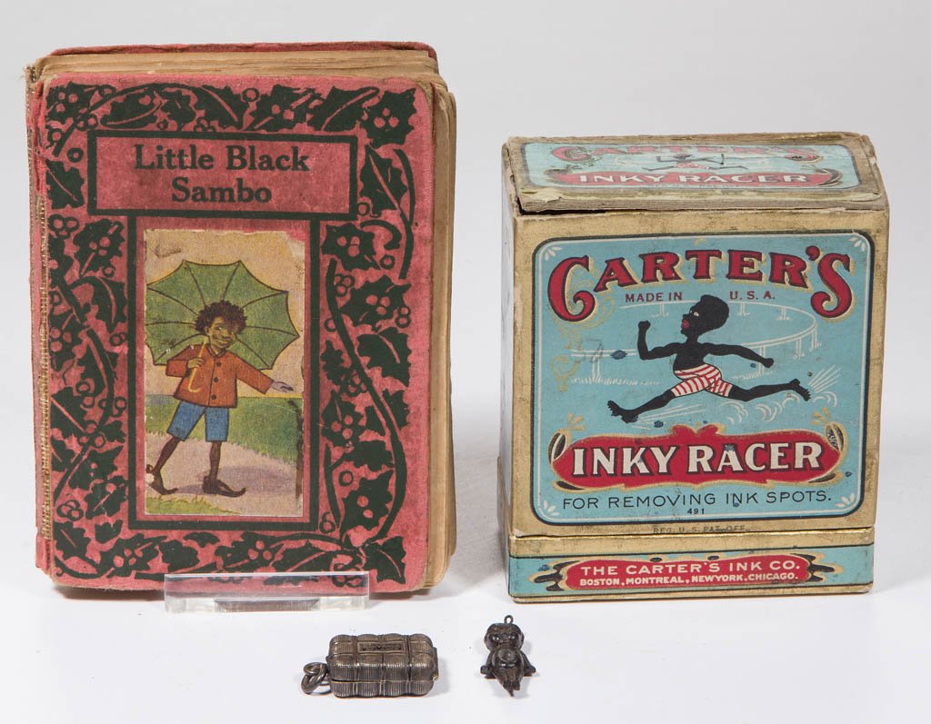 ASSORTED BLACK AMERICANA ARTICLES, LOT OF FOUR: ASSORTED BLACK AMERICANA ARTICLES, LOT OF FOUR, comprising one necklace charm in the shape of a figure, one locket having a figure on the interior and "SOUVENIR / ATLANTA" on the outside, one small "C