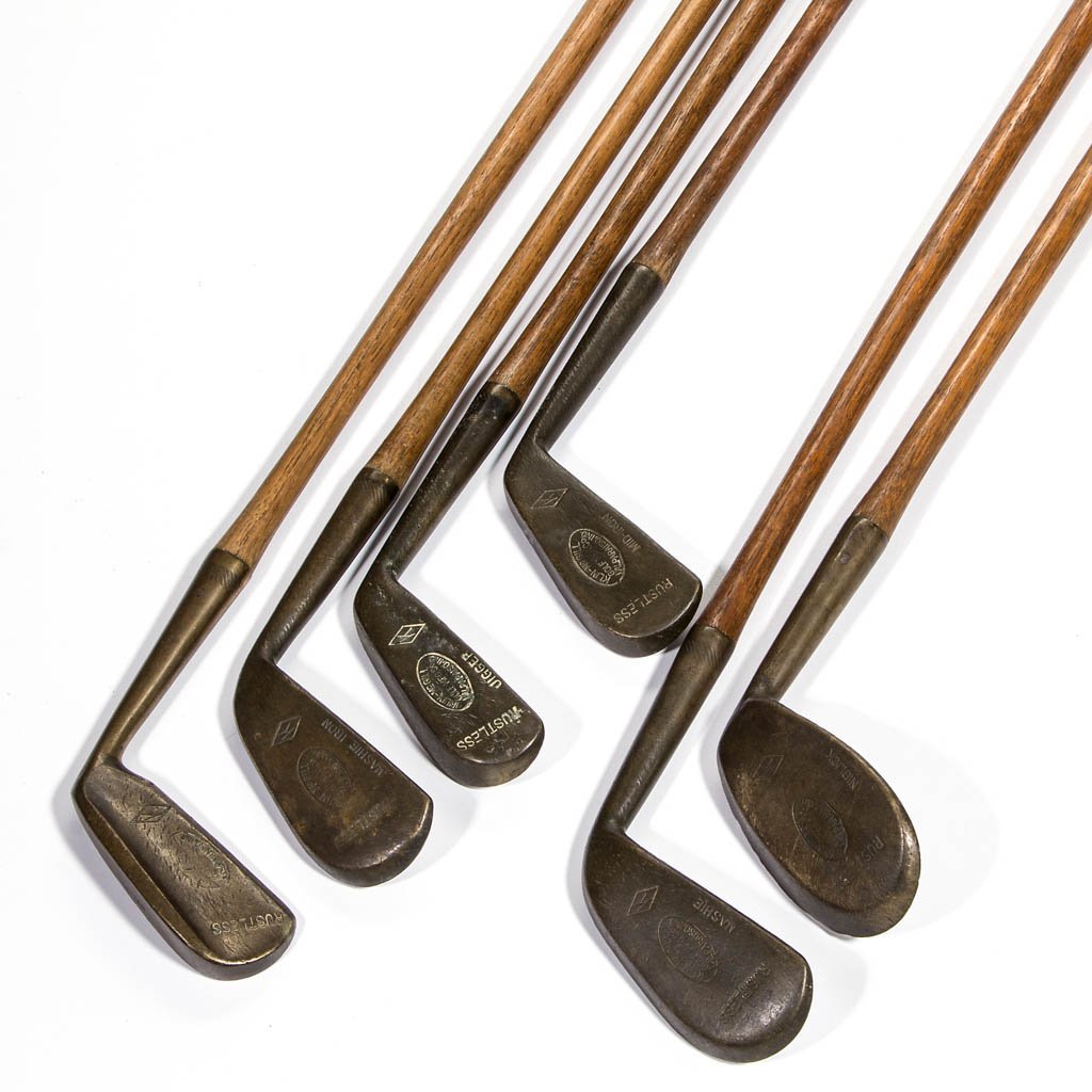 KLINMCGILL HICKORY SHAFT BRASS HEAD GOLF CLUBS, LOT OF