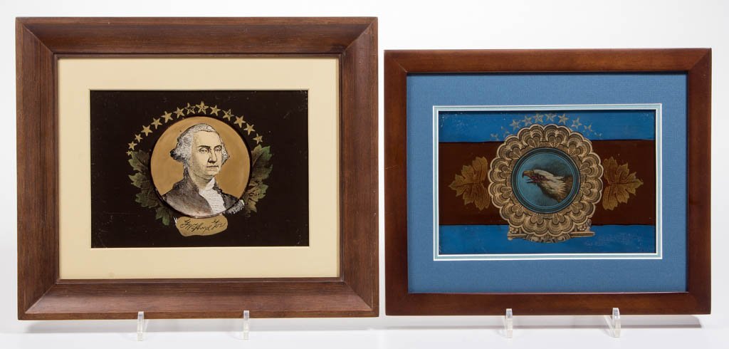 AMERICAN HISTORICAL REVERSE-PAINTED GLASS PANELS, LOT (1 of 3)