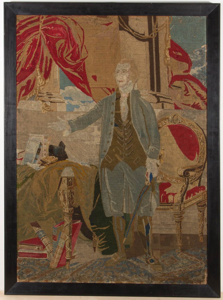 AMERICAN HISTORICAL NEEDLEWORK PICTURE / PORTRAIT /: AMERICAN HISTORICAL NEEDLEWORK PICTURE / PORTRAIT / TAPESTRY, a large and impressive full-length wool Berlin work depiction of George Washington, after Gilbert Stuart's "Landsdowne" portrait. Housed i