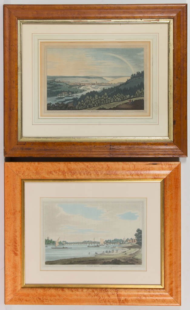 BRITISH LANDSCAPE PRINTS, LOT OF FOUR: BRITISH LANDSCAPE PRINTS, LOT OF FOUR, aquatint (each), from John Boydell's "History of the River Thames", scenes titled "LONDON BRIDGE", "OXFORD", "HENLEY", and "PUTNEY BRIDGE". Each housed under gla
