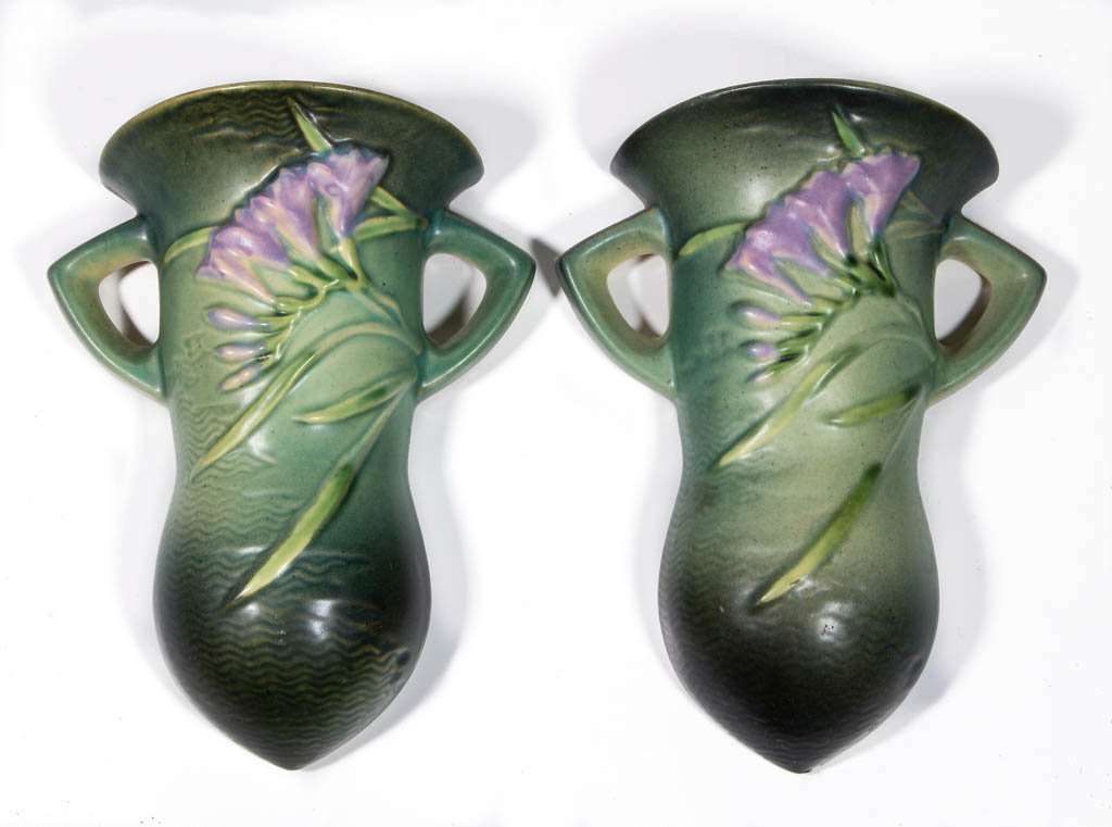 ROSEVILLE ART POTTERY FREESIA WALL POCKETS, LOT OF TWO (1 of 1)