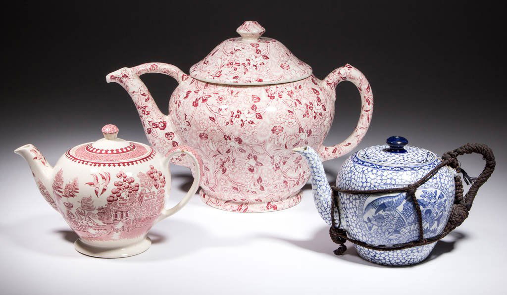 ENGLISH TRANSFER-PRINTED CERAMIC TEAPOTS, LOT OF THREE (1 of 1)