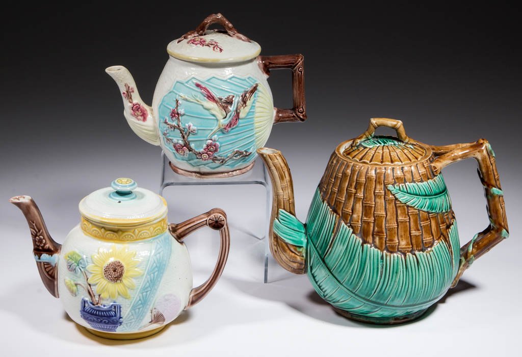 ENGLISH MAJOLICA CERAMIC TEAPOTS, LOT OF THREE (1 of 1)