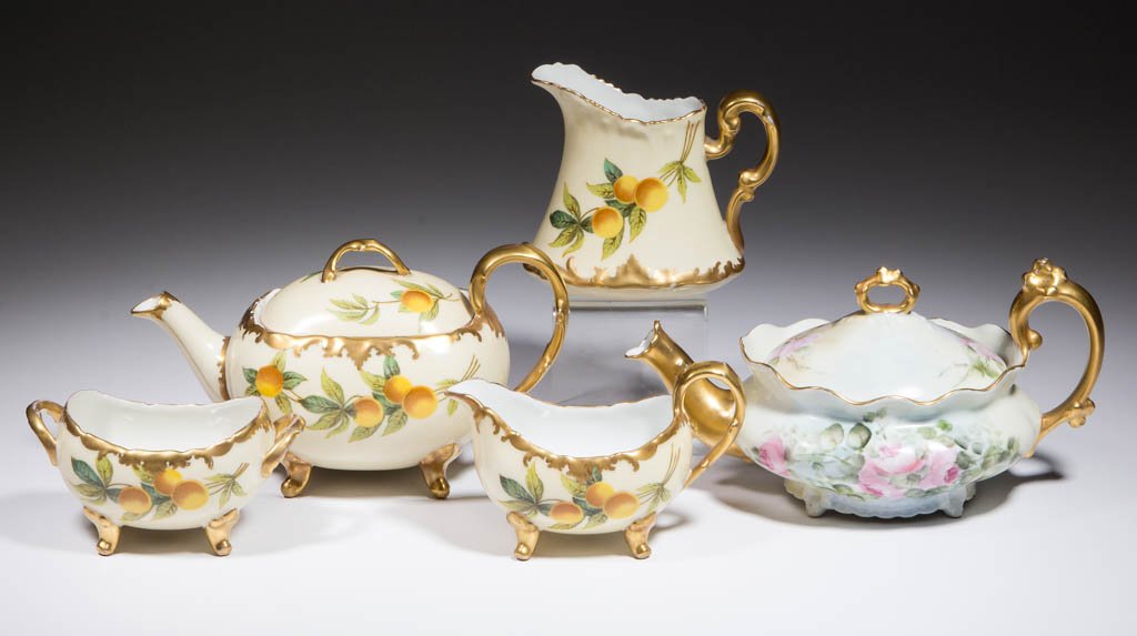 FRENCH HAND-PAINTED LIMOGES CERAMIC TEA ARTICLES, LOT (1 of 1)