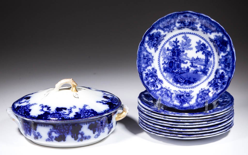 ENGLISH FLOW BLUE CERAMIC ARTICLES, LOT OF 11 (1 of 1)