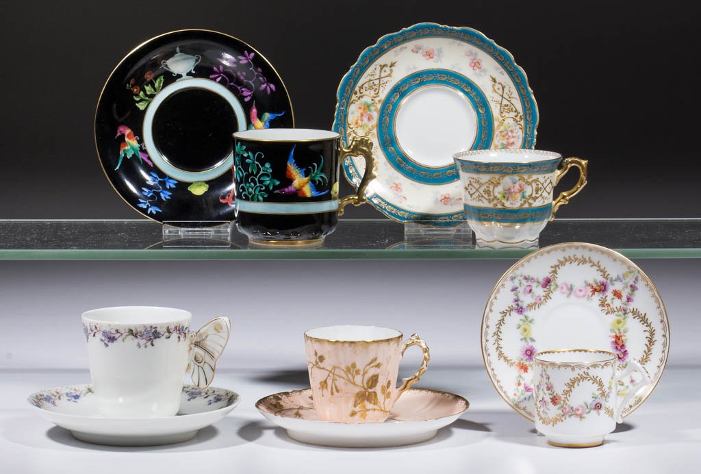 FRENCH CERAMIC CUP AND SAUCER SETS, LOT OF FIVE (1 of 2)