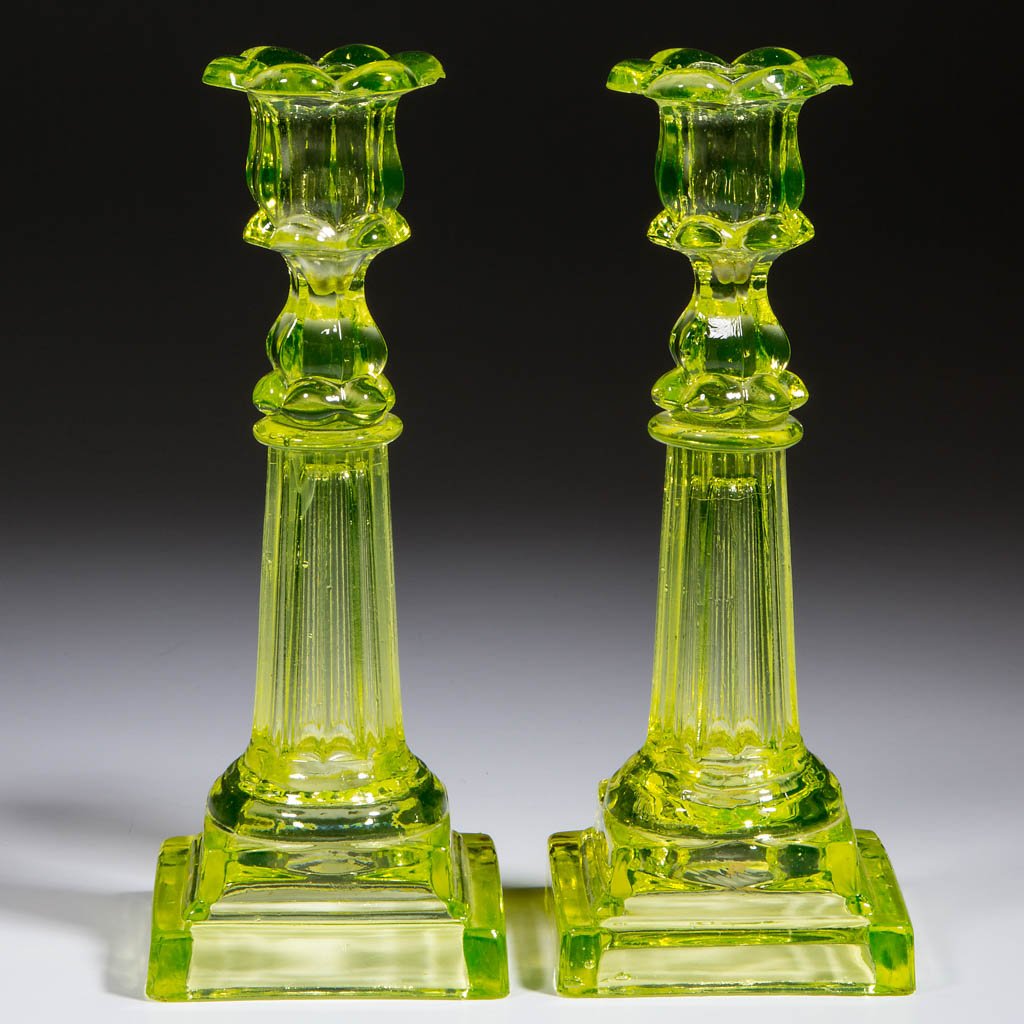 PRESSED PETAL AND COLUMNAR PAIR OF CANDLESTICKS (1 of 1)