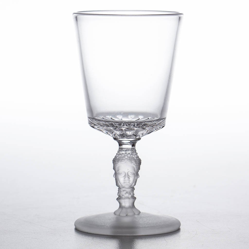 THREE FACE / DUNCAN NO. 400 (OMN) WINE: THREE FACE / DUNCAN NO. 400 (OMN) WINE, colorless and frosted. Geo. Duncan & Sons, Pittsburgh, PA. 1878-1886. 4" H. Undamaged. Literature: Bredehoft/Fogg/Maloney - Early Duncan Glassware, p. 52, fig. 
