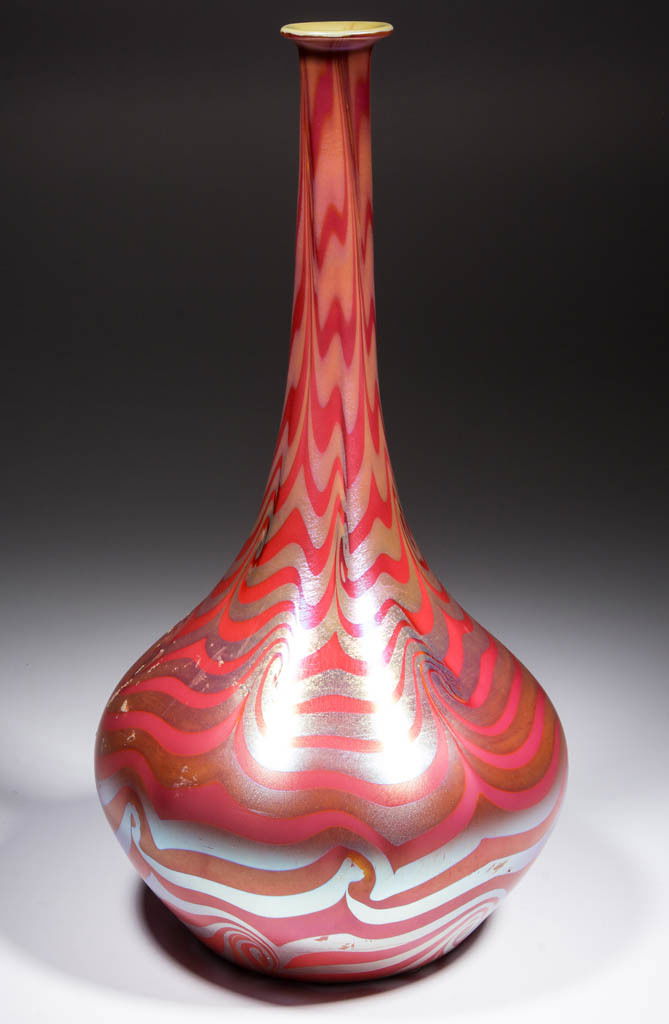 DURAND KING TUT ART GLASS STICK / DEMI-JOHN VASE: DURAND KING TUT ART GLASS STICK / DEMI-JOHN VASE, Lady Gay Rose with Gold decoration, polished pontil mark. Vineland Flint Glass Works. Circa 1930. 18 1/4" H, 8 3/4" DOA body.Excellent condition overa