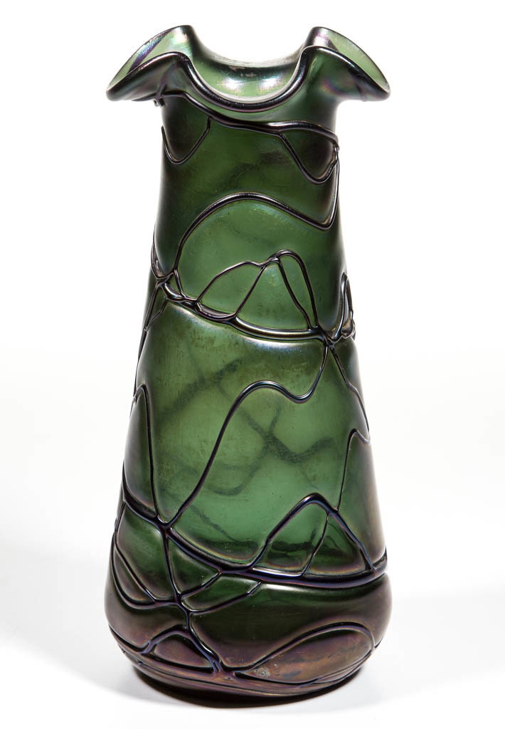 PALLME-KONIG ATTRIBUTED VEINED ART GLASS VASE: PALLME-KONIG ATTRIBUTED VEINED ART GLASS VASE, green iridescent with amethyst veins, crimped rim and polished pontil mark. Late 19th/early 20th century. 10 1/4" HOA, 4 1/4" DOA rim, 4 1/4" DOA base.Un