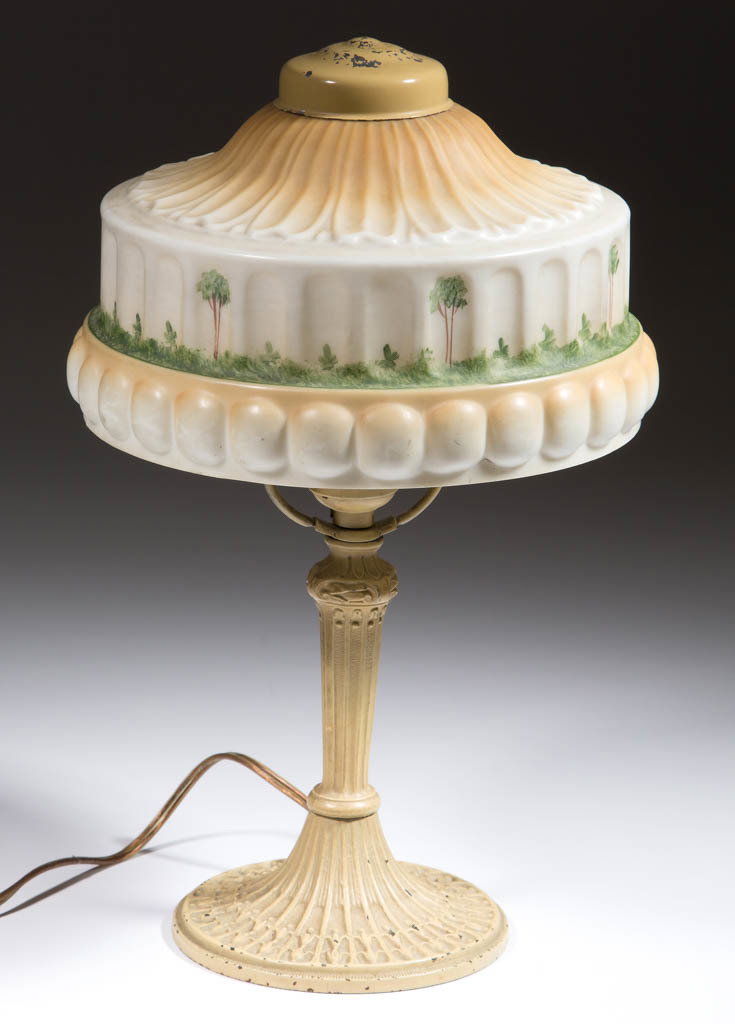 PITTSBURGH ELECTRIC TABLE LAMP: PITTSBURGH ELECTRIC TABLE LAMP, metal base with an ivory finish, panelled fleur-de-lis base with a columnar stem, period Hibbel socket with original internal mechanics, signed "P.L.B. & G. CO./1813". 