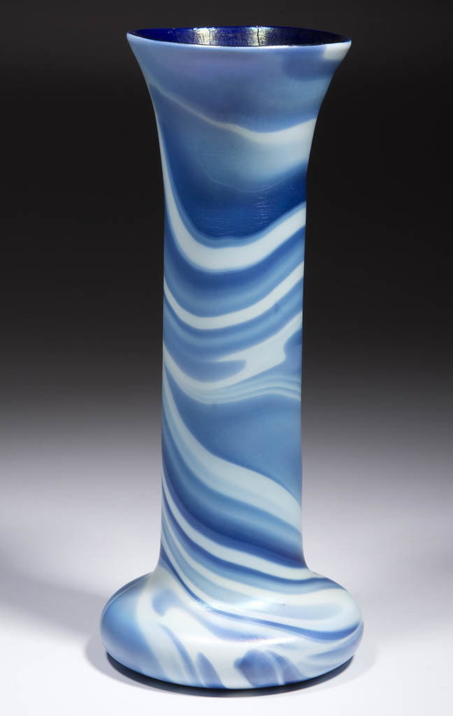 IMPERIAL MARBELIZE FREE HAND VASE: IMPERIAL MARBELIZE FREE HAND VASE, swirled opal and cobalt blue, Lead Lustre 419-11, blue iridescent interior, polished pontil mark, spurious Tiffany Studios signature. Imperial Glass Co. Circa 1925. 