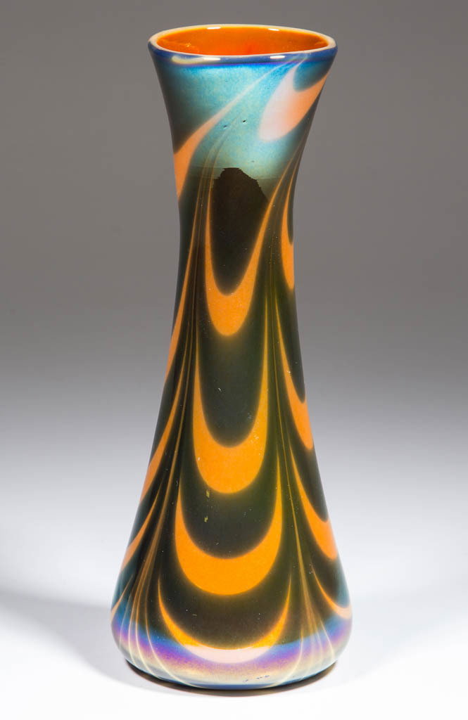IMPERIAL DECORATED FREE HAND VASE: IMPERIAL DECORATED FREE HAND VASE, orange with four groups of thick blue loopings, Lead Lustre 622-22, polished pontil mark. Imperial Glass Co. Circa 1925. 8 3/8" H, 2 1/2" D rim, 3 1/4" D base. Undam