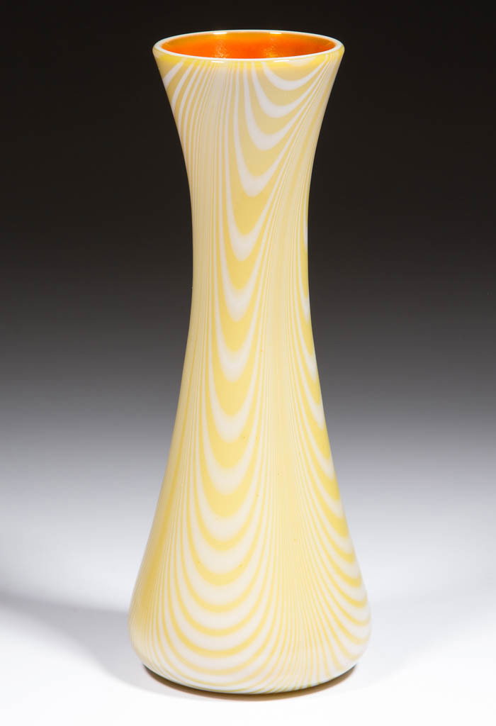 IMPERIAL DECORATED FREE HAND VASE: IMPERIAL DECORATED FREE HAND VASE, yellow with four groups of opal loopings, Lead Lustre 622-12, orange iridescent interior, polished pontil mark. Imperial Glass Co. Circa 1925. 8 3/8" H, 2 1/2" D rim