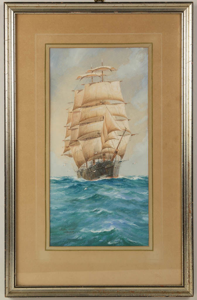 WILLIAM MINSHALL BIRCHALL (BRITISH, 1884-1941) NAUTICAL: WILLIAM MINSHALL BIRCHALL (BRITISH, 1884-1941) NAUTICAL PAINTING, watercolor and gouache on paper, a dynamic depiction of a three-masted vessel at full sail, signed and inscribed "A Boston Clipper / W