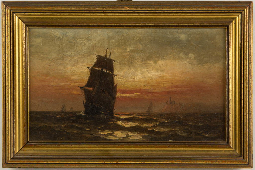 OTIS S. WEBER (AMERICAN, B. 1847) NAUTICAL PAINTING: OTIS S. WEBER (AMERICAN, B. 1847) NAUTICAL PAINTING, oil on canvas, depicting a vessel at full sail in twilight off a rocky coast, other boats in distance, signed lower right. Housed in an old molded
