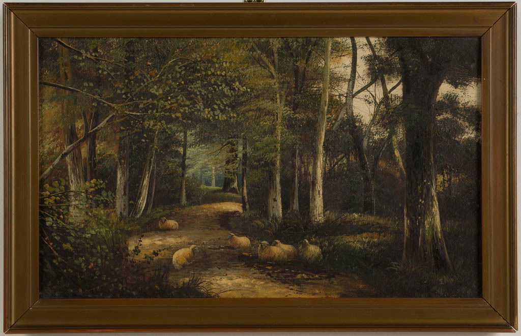 JOHN W. MORRIS (SCOTTISH, ACTIVE 1865-1924) PASTORAL: JOHN W. MORRIS (SCOTTISH, ACTIVE 1865-1924) PASTORAL LANDSCAPE PAINTING, oil on canvas, a tranquil depiction of sheep resting on a country wooded lane, signed lower right, inscribed in later hand "Bou