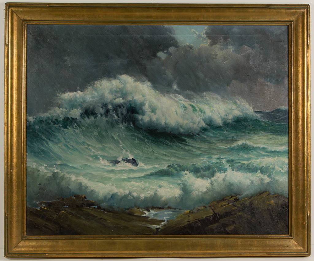 AMERICAN SCHOOL (20TH CENTURY) MARINE PAINTING: AMERICAN SCHOOL (20TH CENTURY) MARINE PAINTING, oil on canvas, dynamic depiction of heavy surf on a rocky shore, gathering storm clouds in the sky, no signature located. Housed in an old Arts and Craf