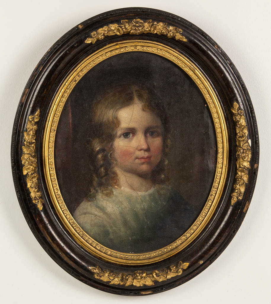 AMERICAN OR BRITISH SCHOOL (19TH CENTURY) PORTRAIT OF A: AMERICAN OR BRITISH SCHOOL (19TH CENTURY) PORTRAIT OF A CHILD, oil on canvas, bust-length depiction of a rosy cheek girl sporting ringlets and light blue dress, no signature located. Housed in a perio