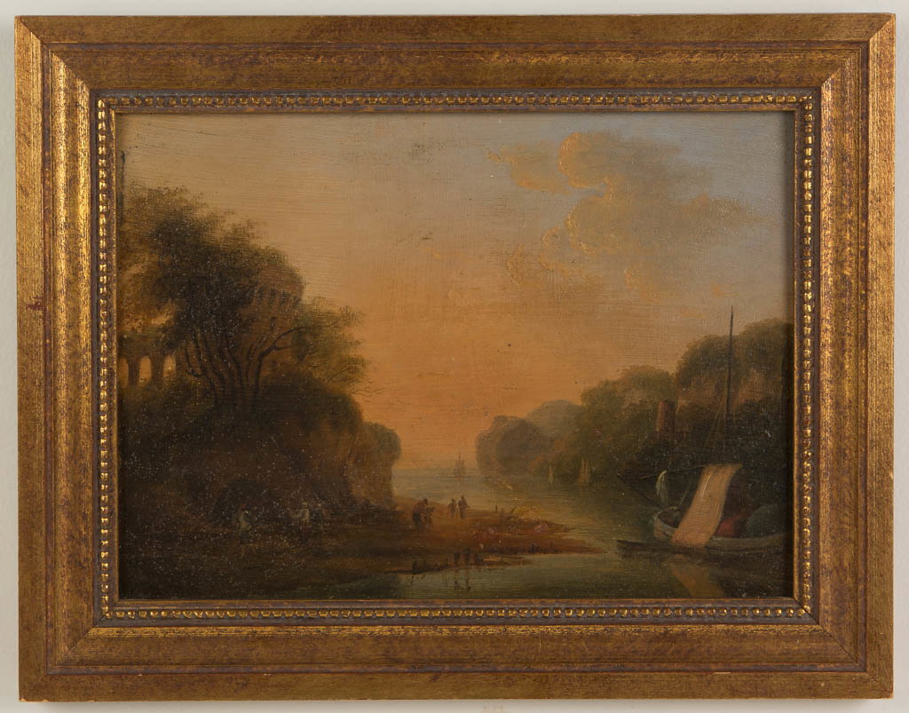 BRITISH OR CONTINENTAL SCHOOL (19TH CENTURY) COASTAL: BRITISH OR CONTINENTAL SCHOOL (19TH CENTURY) COASTAL LANDSCAPE PAINTING, oil on panel, depicting figures on a coastal river bank with fishing vessels nearby, castle-like towers situated on bluffs lini