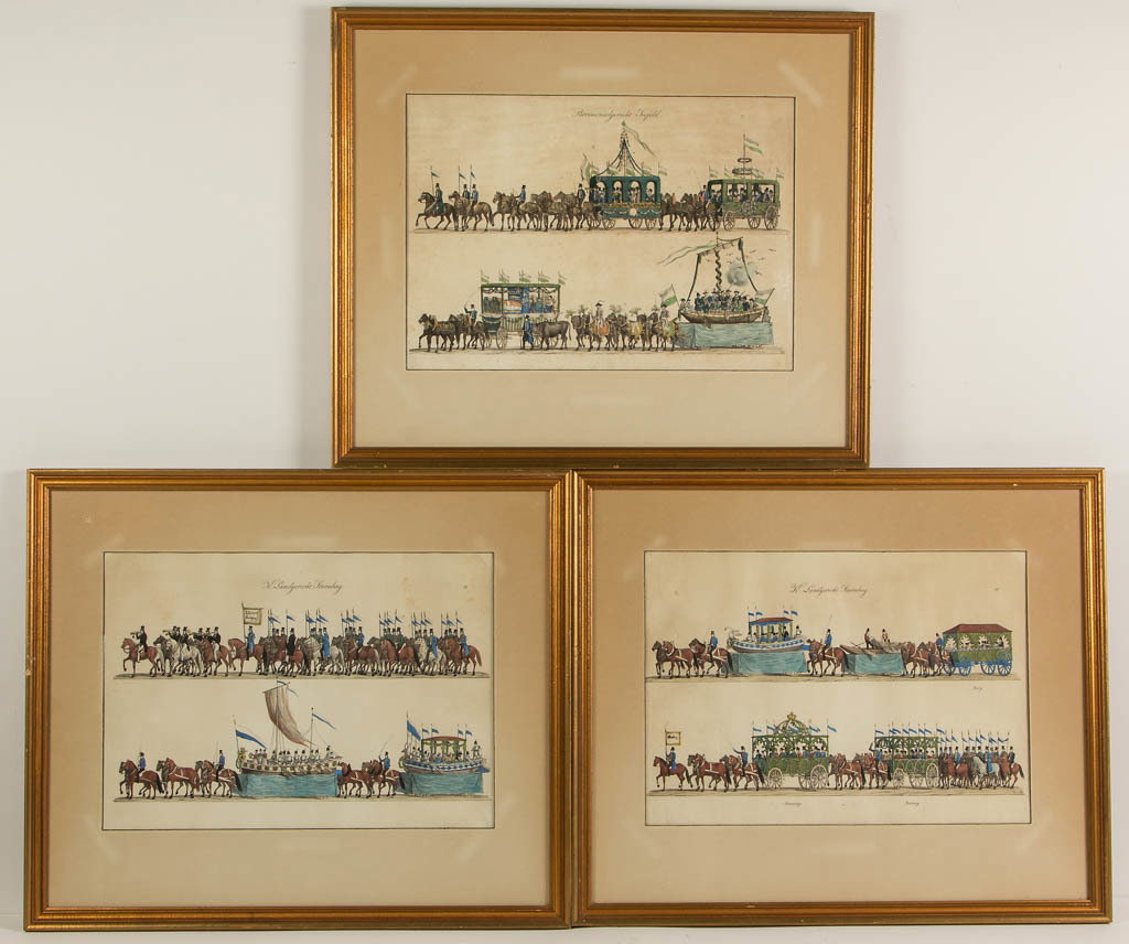 GUSTAV WILHELM KRAUS (GERMAN, 1804-1852) OCTOBERFEST: GUSTAV WILHELM KRAUS (GERMAN, 1804-1852) OCTOBERFEST PARADE PRINTS, LOT OF THREE, hand-colored lithograph on paper (each), finely detailed depictions of an elaborate parade procession, including float
