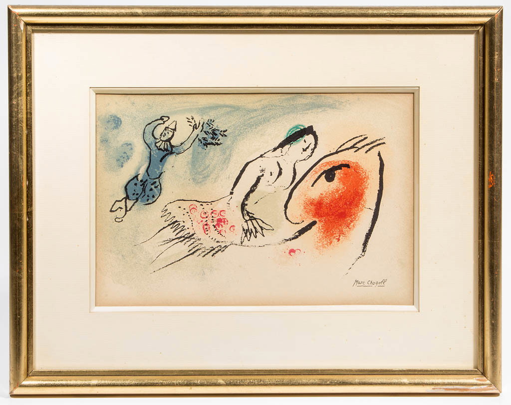 MARC CHAGALL (FRENCH, 1887-1985) ABSTRACT PRINT: MARC CHAGALL (FRENCH, 1887-1985) ABSTRACT PRINT, lithograph on paper, stylized depiction of a woman on horseback, additional figure in background, signed in plate, old label attached verso inscribed "