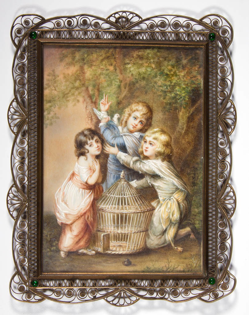 BRITISH OR CONTINENTAL SCHOOL (19TH CENTURY) MINIATURE: BRITISH OR CONTINENTAL SCHOOL (19TH CENTURY) MINIATURE PORTRAIT OF THREE CHILDREN, watercolor on ivory, a charming, sentimental composition depicting three young siblings in a wooded setting gathered 