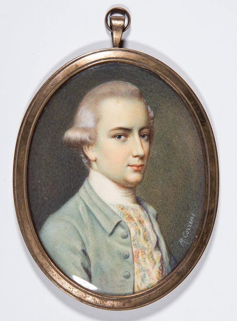 BRITISH OR CONTINENTAL SCHOOL (19TH CENTURY) MINIATURE: BRITISH OR CONTINENTAL SCHOOL (19TH CENTURY) MINIATURE PORTRAIT OF A GENTLEMAN, watercolor on ivory, bust length, sitter in partial profile, wearing light blue waistcoat and patterned vest, signed "M.