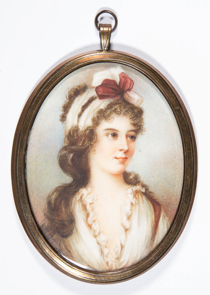 BRITISH OR CONTINENTAL SCHOOL (19TH CENTURY) MINIATURE: BRITISH OR CONTINENTAL SCHOOL (19TH CENTURY) MINIATURE PORTRAIT OF A LADY, watercolor on ivory, bust length, attractive sitter with long, flowing hair tied with red and white ribbon, no signature loca