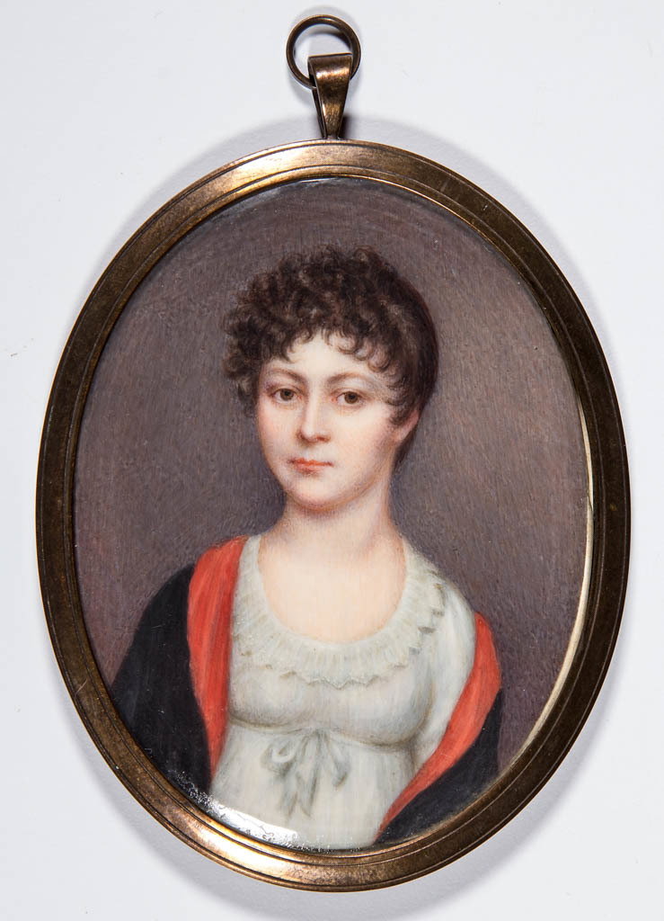 BRITISH OR CONTINENTAL SCHOOL (19TH CENTURY) MINIATURE: BRITISH OR CONTINENTAL SCHOOL (19TH CENTURY) MINIATURE PORTRAIT OF A LADY, watercolor on ivory, bust-length, sitter, wearing high-waisted white dress, identified on old inscribed label verso, no signa