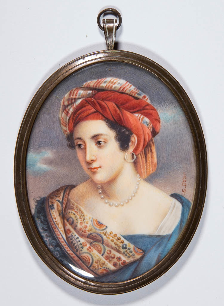BRITISH OR CONTINENTAL SCHOOL (19TH CENTURY) MINIATURE: BRITISH OR CONTINENTAL SCHOOL (19TH CENTURY) MINIATURE PORTRAIT OF A LADY, watercolor on ivory, bust-length, sitter sporting patterned turban and shawl, strand of large pearls, signed indistinctly "S.