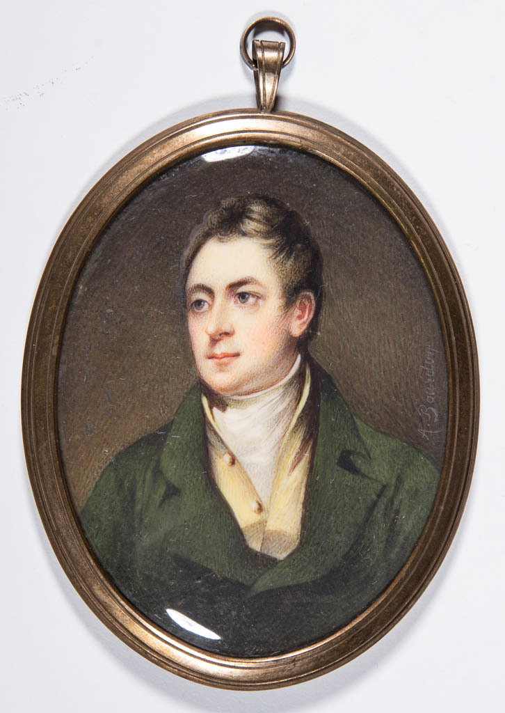 BRITISH OR CONTINENTAL SCHOOL (19TH CENTURY) MINIATURE: BRITISH OR CONTINENTAL SCHOOL (19TH CENTURY) MINIATURE PORTRAIT OF A GENTLEMAN, watercolor on ivory, bust-length, sitter sporting yellow vest and green waistcoat, signed indistinctly "A. Bourdun" righ