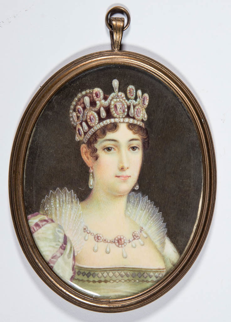 BRITISH OR CONTINENTAL SCHOOL (19TH CENTURY) MINIATURE: BRITISH OR CONTINENTAL SCHOOL (19TH CENTURY) MINIATURE PORTRAIT OF QUEEN JOSEPHINE OF NORWAY, watercolor on ivory, bust-length, sitter in regal attire, sporting jeweled crown and frilled gown, along w