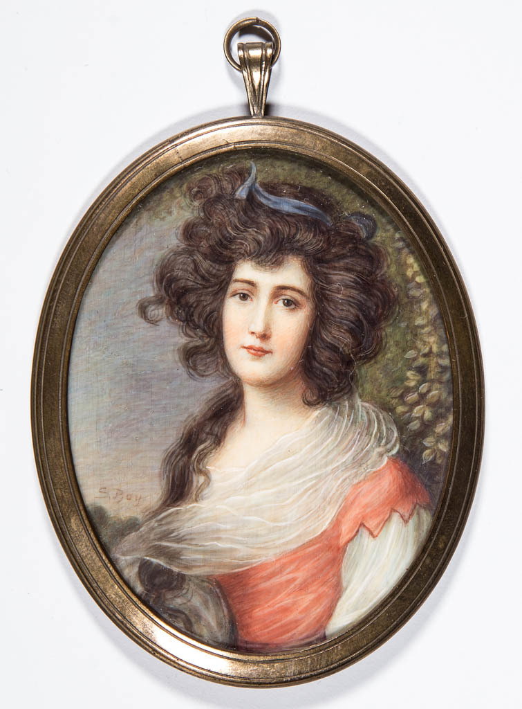 BRITISH OR CONTINENTAL SCHOOL (19TH CENTURY) MINIATURE: BRITISH OR CONTINENTAL SCHOOL (19TH CENTURY) MINIATURE PORTRAIT OF A LADY, watercolor on ivory, bust-length, sitter with flowing hair and dress, signed "S. Boy" left edge, subject identified as "Lady 